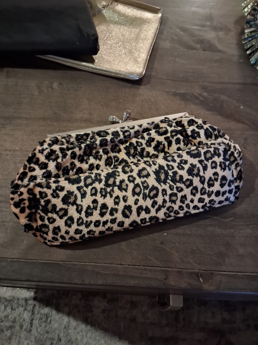 Leopard Print Fold-Over Clutch Wristlet in Beige and Black